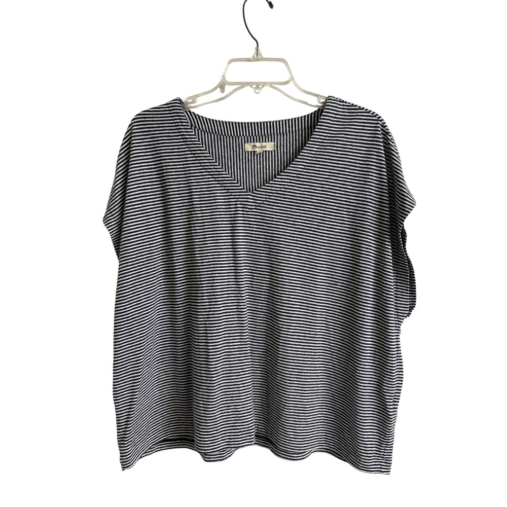 Madewell XXL Striped V-Neck Linen Blend Navy White Cap Sleeve Boxy Tee Nautical